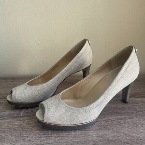 Stuart Weitzman Women’s Platform Heels Size 9 9M Beige Burlap Peep Toe Linen Tan